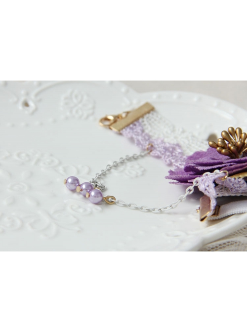 Fashion Retro Holiday Purple Flowers Pearl White Leaves Lace Female Armband