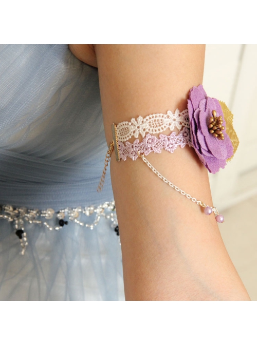 Fashion Retro Holiday Purple Flowers Pearl White Leaves Lace Female Armband