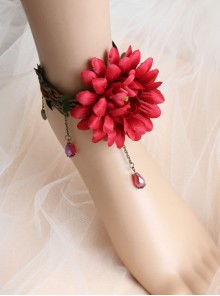 Fashion Retro Personality Bride Festive Red Rose Flower Tassel Sweet Female Anklet