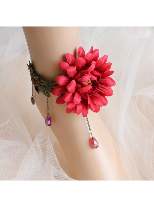 Fashion Retro Personality Bride Festive Red Rose Flower Tassel Sweet Female Anklet