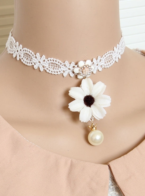 Fashion Retro Holiday Holiday White Lace Flower Pearl Female Choker