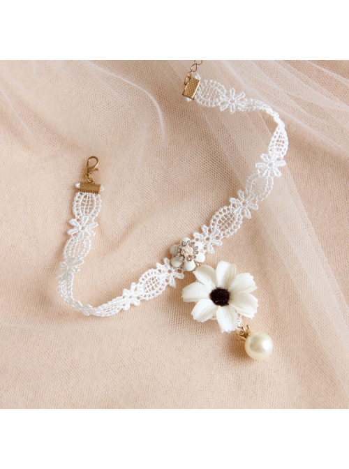 Fashion Retro Holiday Holiday White Lace Flower Pearl Female Choker