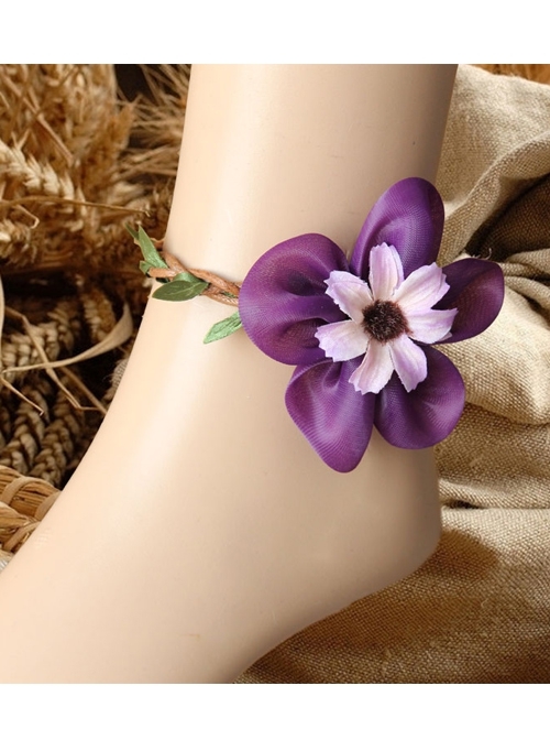 Retro Fashion Holiday Weaving Leaves Branches Purple Flowers Female Anklet