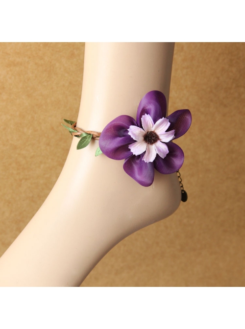 Retro Fashion Holiday Weaving Leaves Branches Purple Flowers Female Anklet