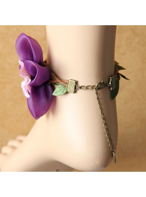 Retro Fashion Holiday Weaving Leaves Branches Purple Flowers Female Anklet