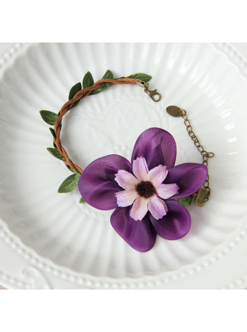Retro Fashion Holiday Weaving Leaves Branches Purple Flowers Female Anklet