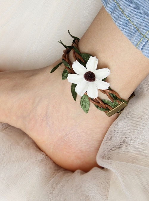 Seaside Vacation Beach Beautiful Fashion Female White Flower Rattan Anklet