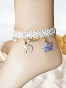 Fashion Leisure Seaside Tourism Vacation White Lace Pearl Starfish Shell Love Letter Female Anklet