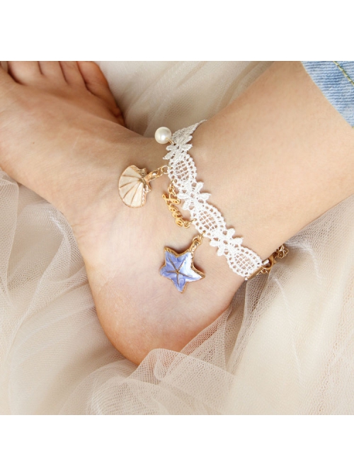 Fashion Leisure Seaside Tourism Vacation White Lace Pearl Starfish Shell Love Letter Female Anklet