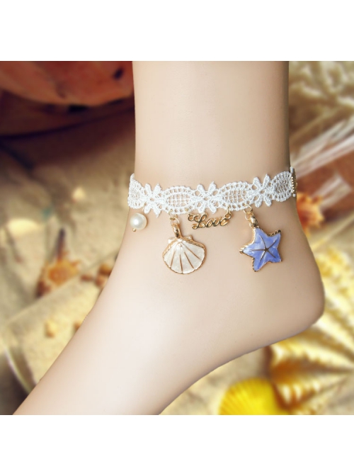 Fashion Leisure Seaside Tourism Vacation White Lace Pearl Starfish Shell Love Letter Female Anklet