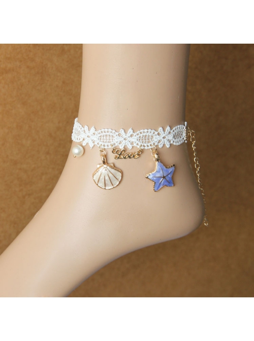 Fashion Leisure Seaside Tourism Vacation White Lace Pearl Starfish Shell Love Letter Female Anklet