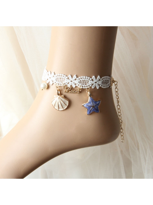 Fashion Leisure Seaside Tourism Vacation White Lace Pearl Starfish Shell Love Letter Female Anklet