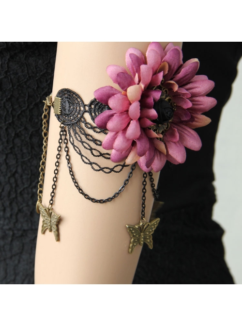 Retro Fashion Personality Black Lace Metal Butterfly Purple Flower Female Arm Chain