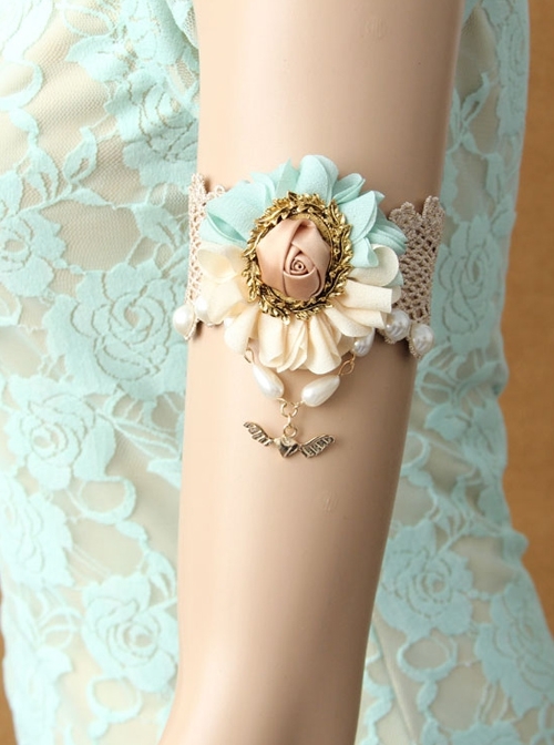 Fashion Retro White Lace Pink Rose Blue Flower Love Pearl Female Armband
