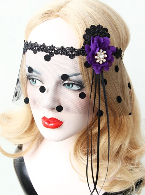 Christmas Palace Retro Fashion Personality Black Lace Sexy Purple Flower Polka Dot Mesh Female Half Face Mask