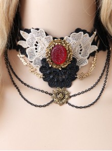 Queen Bride Fashion Retro Gothic Ruby Tassel Black Crochet Lace Collar