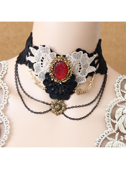 Queen Bride Fashion Retro Gothic Ruby Tassel Black Crochet Lace Collar
