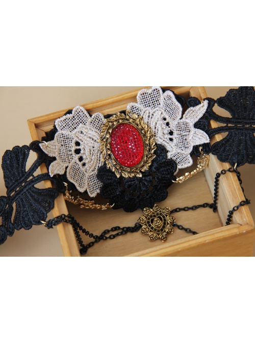 Queen Bride Fashion Retro Gothic Ruby Tassel Black Crochet Lace Collar