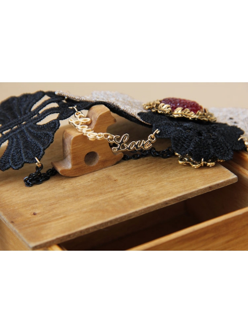 Queen Bride Fashion Retro Gothic Ruby Tassel Black Crochet Lace Collar