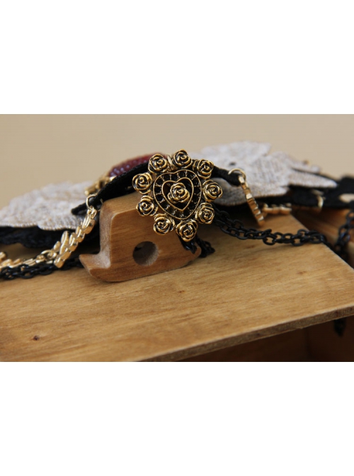 Queen Bride Fashion Retro Gothic Ruby Tassel Black Crochet Lace Collar