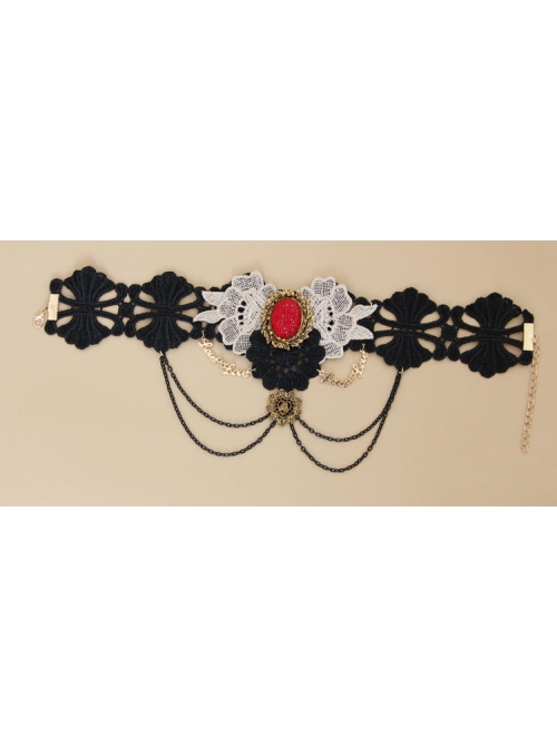 Queen Bride Fashion Retro Gothic Ruby Tassel Black Crochet Lace Collar