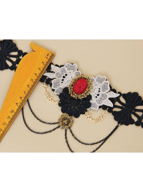 Queen Bride Fashion Retro Gothic Ruby Tassel Black Crochet Lace Collar