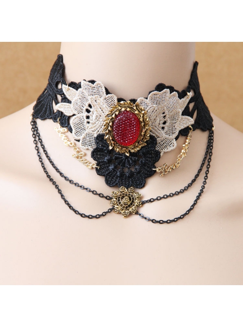 Queen Bride Fashion Retro Gothic Ruby Tassel Black Crochet Lace Collar
