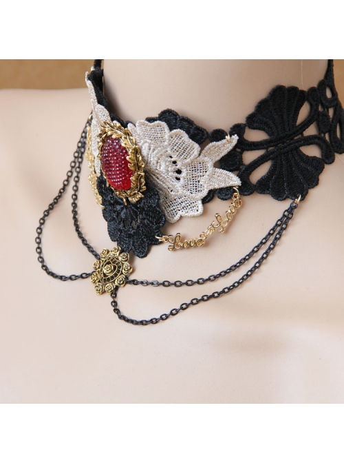 Queen Bride Fashion Retro Gothic Ruby Tassel Black Crochet Lace Collar
