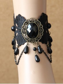 Black Lace Pearl Resin Diamond Tassel Palace Retro Goth Fashion Female Dance Anklet