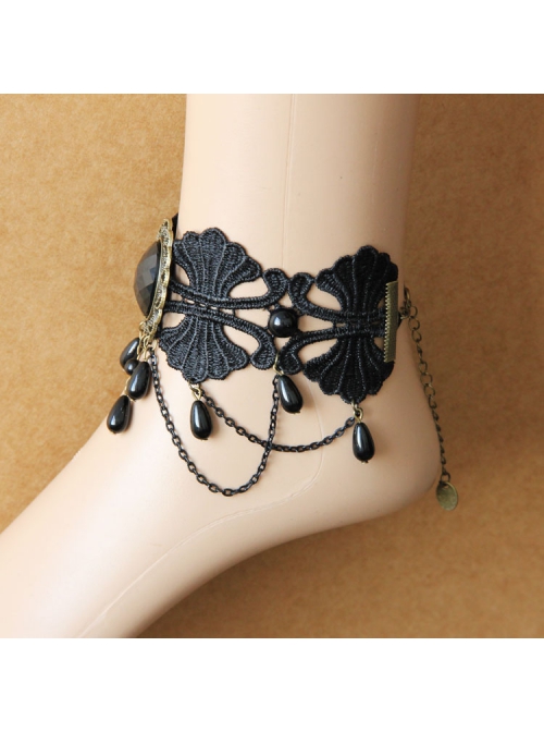 Black Lace Pearl Resin Diamond Tassel Palace Retro Goth Fashion Female Dance Anklet