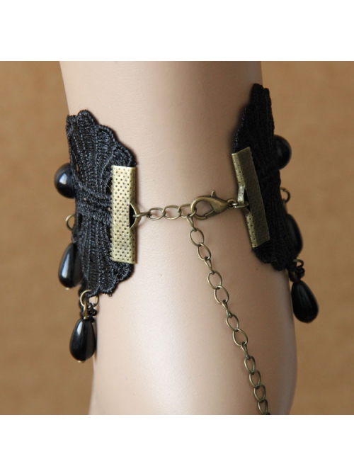 Black Lace Pearl Resin Diamond Tassel Palace Retro Goth Fashion Female Dance Anklet