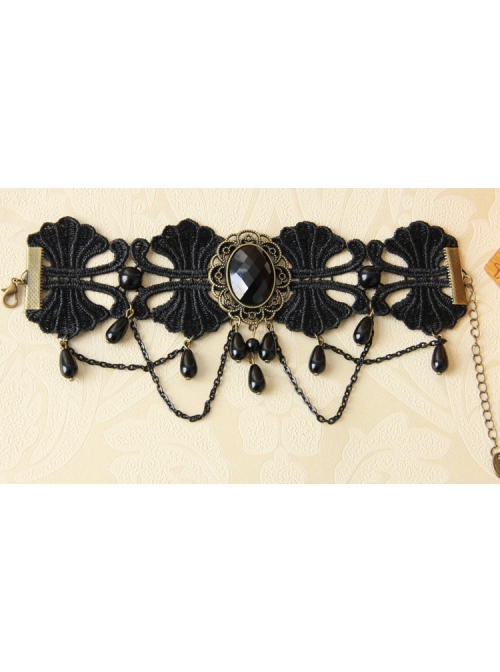 Black Lace Pearl Resin Diamond Tassel Palace Retro Goth Fashion Female Dance Anklet