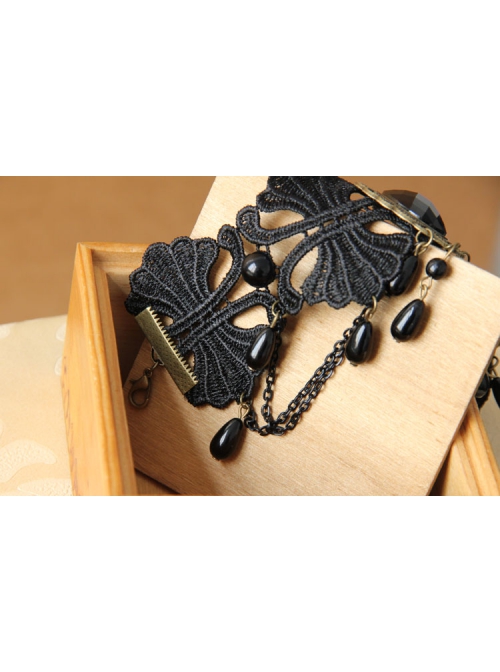 Black Lace Pearl Resin Diamond Tassel Palace Retro Goth Fashion Female Dance Anklet