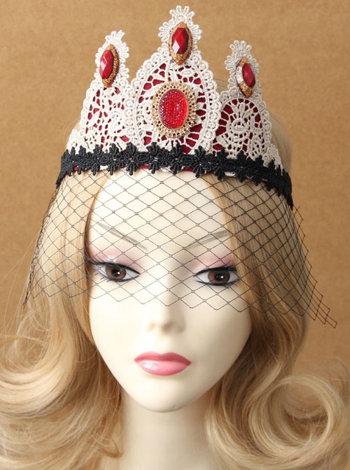 Queen Princess Bride Fashion Vintage Ruby Black Lace Crown Prom Veil