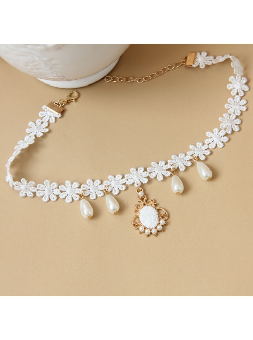 Fashion Retro Baroque Christmas White Snowflake Pendant Lace Pearl Female Choker