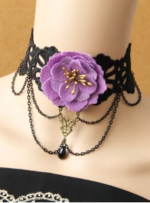 Fashion Retro Exaggerated Gothic Purple Flower Black Lace Tassel Pearl Christmas Female Choker