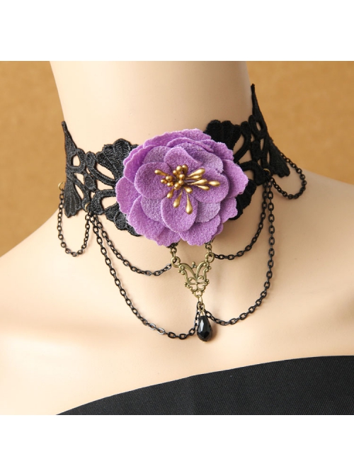 Fashion Retro Exaggerated Gothic Purple Flower Black Lace Tassel Pearl Christmas Female Choker