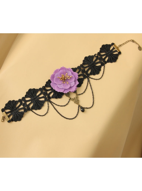 Fashion Retro Exaggerated Gothic Purple Flower Black Lace Tassel Pearl Christmas Female Choker