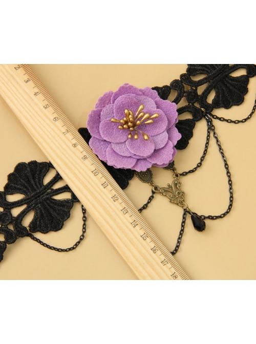 Fashion Retro Exaggerated Gothic Purple Flower Black Lace Tassel Pearl Christmas Female Choker