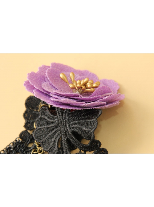 Fashion Retro Exaggerated Gothic Purple Flower Black Lace Tassel Pearl Christmas Female Choker