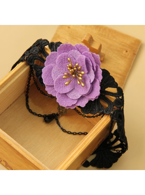 Fashion Retro Exaggerated Gothic Purple Flower Black Lace Tassel Pearl Christmas Female Choker