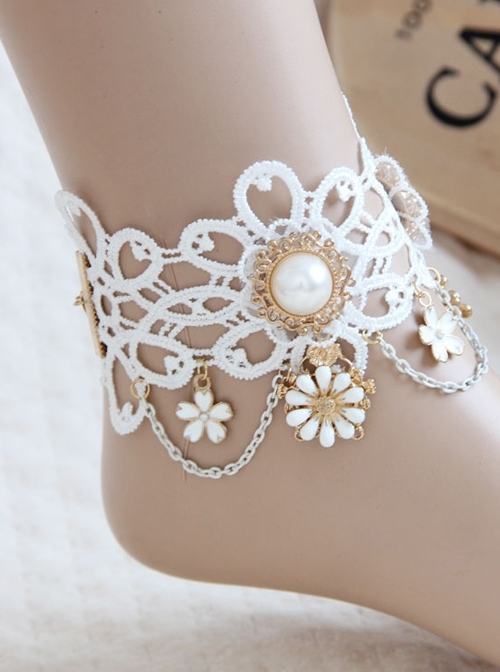 Bride Bridesmaid Wedding Dress Fashion Baroque Retro Braided White Lace Pearl Flower Female Anklet