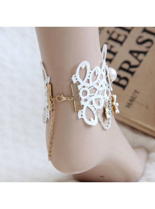 Bride Bridesmaid Wedding Dress Fashion Baroque Retro Braided White Lace Pearl Flower Female Anklet