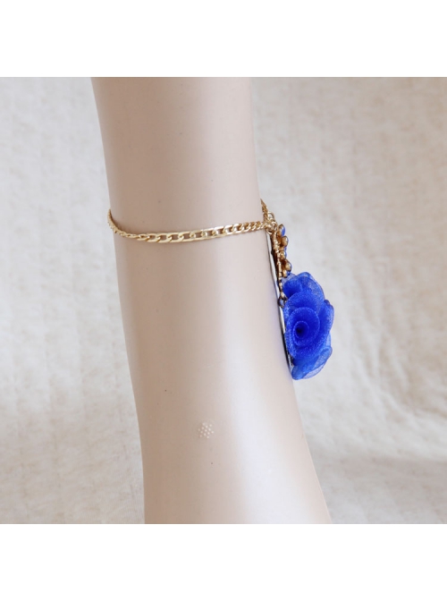 Fashion Beautiful, Simple Royal Blue Flowers Golden Chain Retro Female Anklet