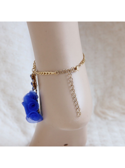 Fashion Beautiful, Simple Royal Blue Flowers Golden Chain Retro Female Anklet