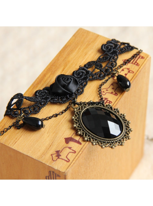 Retro Gothic Fashion Black Lace Rose Flower Pearl Tassel Dancing Female Armband