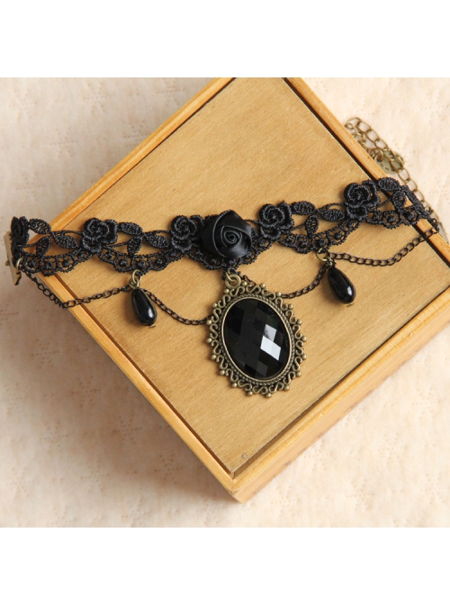 Retro Gothic Fashion Black Lace Rose Flower Pearl Tassel Dancing Female Armband