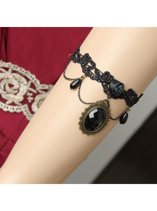 Retro Gothic Fashion Black Lace Rose Flower Pearl Tassel Dancing Female Armband