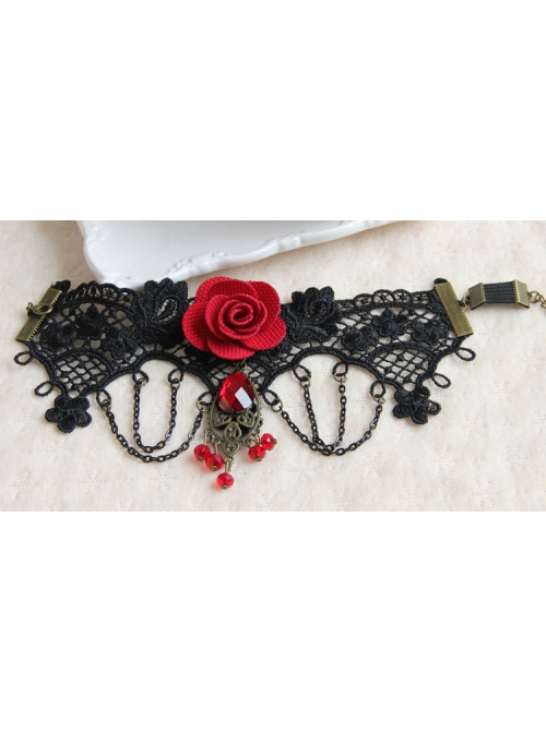 Fashion Retro Gothic Palace Vampire Black Lace Tassel Red Rose Flower Female Armband