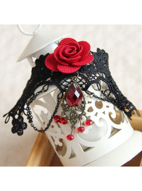 Fashion Retro Gothic Palace Vampire Black Lace Tassel Red Rose Flower Female Armband